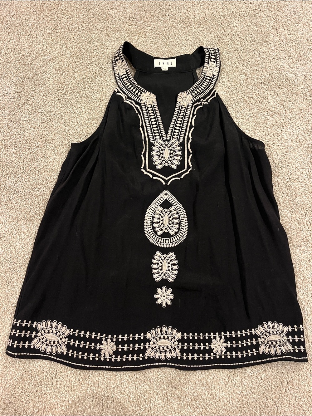 THML Black Embroidered Sleeveless Tunic Top